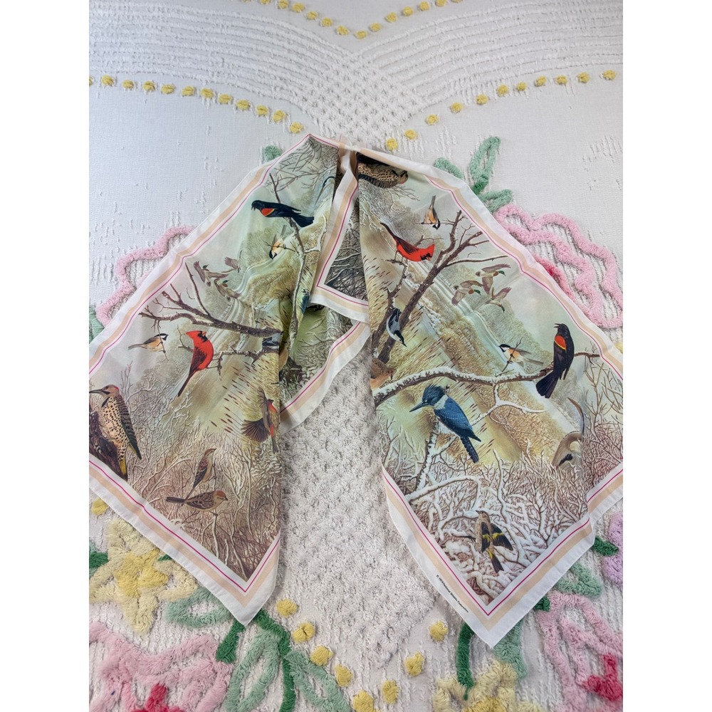 Vintage 1979 National Wildlife Federation Bird Scarf Winter Nature Print 21x21 - Picture 2 of 7